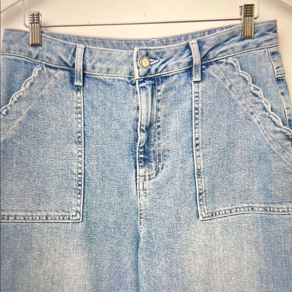 OLIVER BONAS 
 denim scallop pocket cropped wide leg jeans 
Bought in London